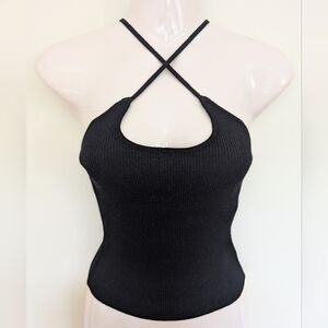 Zara Ribbed Criss Cross Strappy Halter Top Black Small